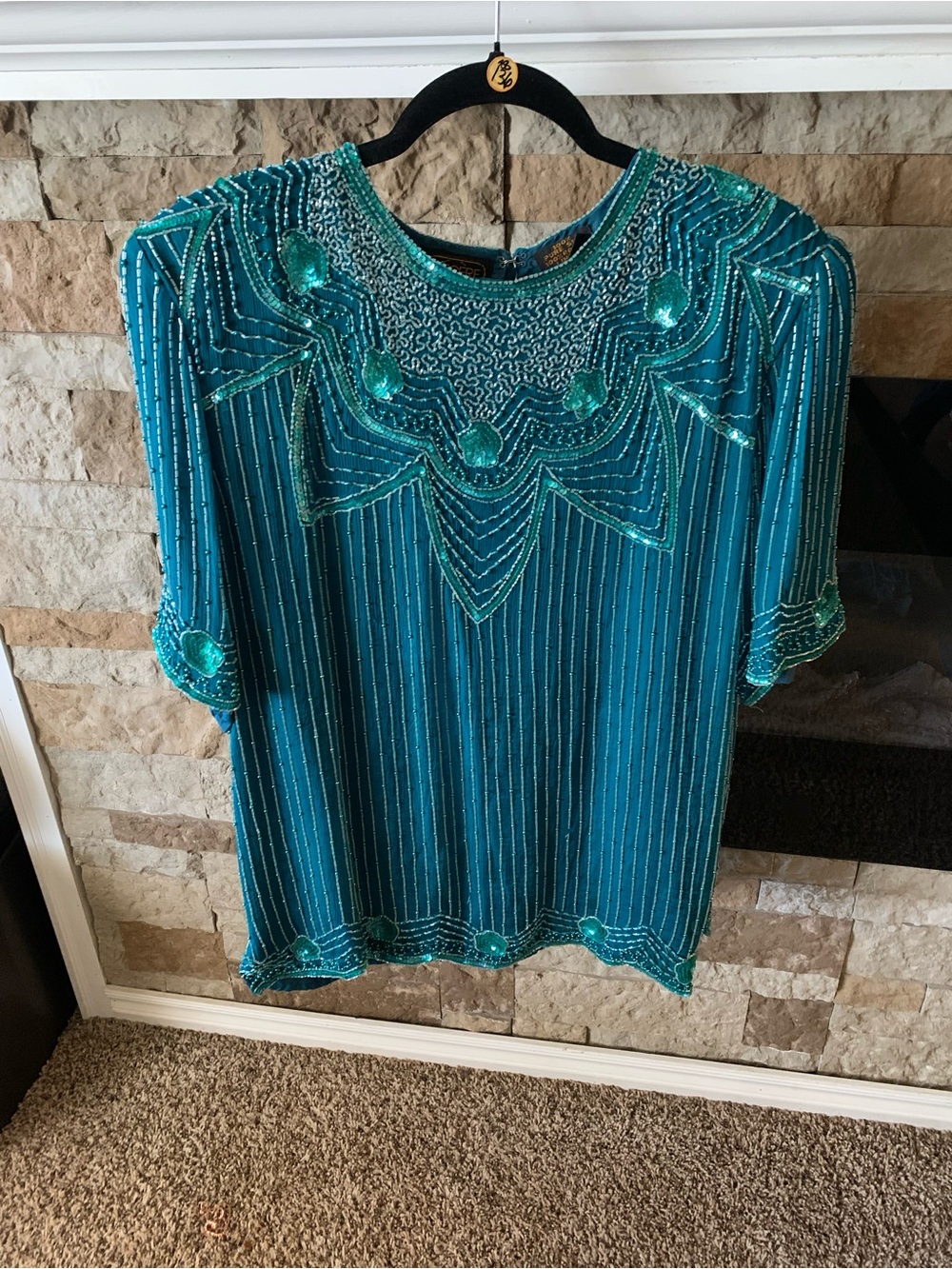 Turquoise Vintage Retro Sequins Demure Renaissance 100% Silk Blouse